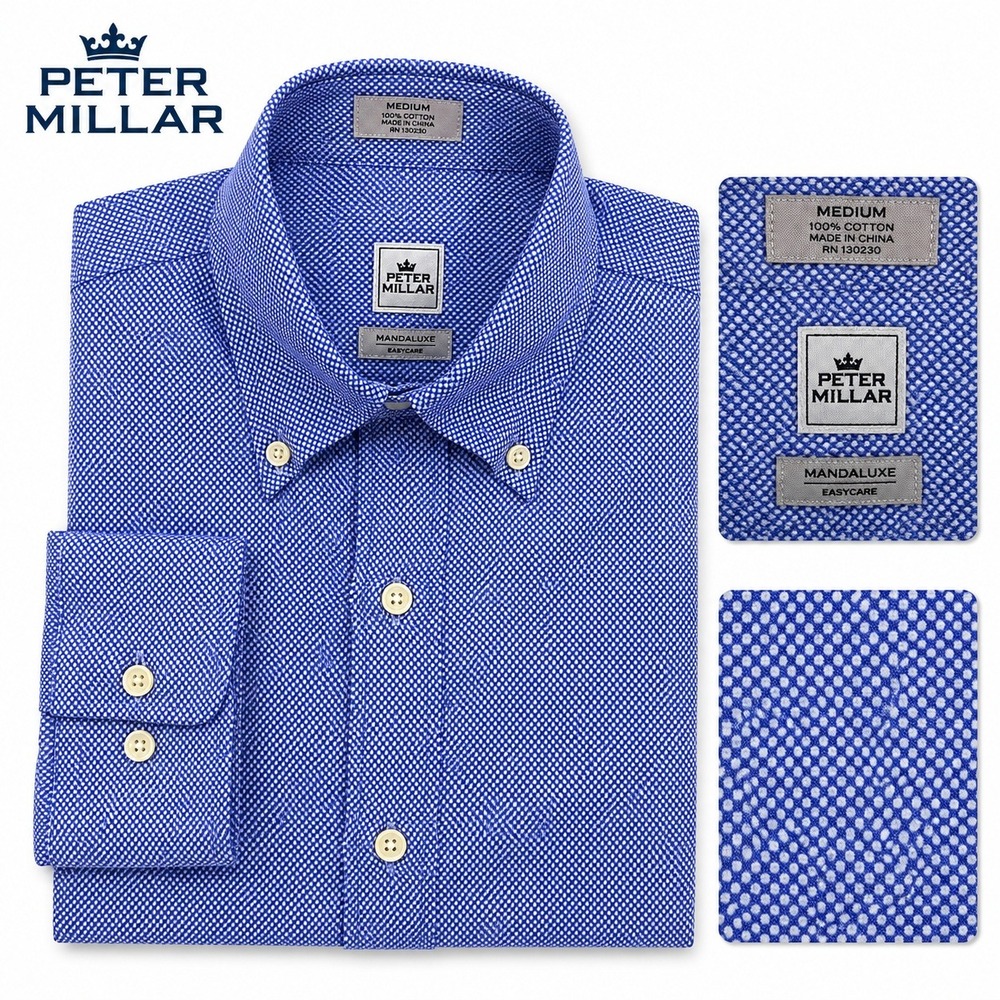 Peter Millar Button Down Men Medium Blue White Nanoluxe Easy Care Cotton Shirt